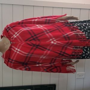 Poncho w/fringe w/ hood,  Missy size o/s s/m. Red, Black and white plaid pattern